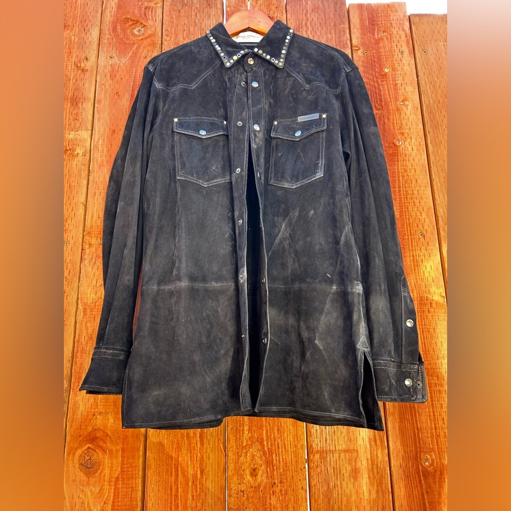 Men’s GOLDEN GOOSE fine suede long button up shirt, studded collar size: Medium